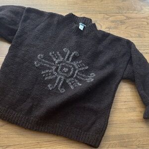 J. Peterman Heavy Wool Dark Brown Crewneck Sweater with Gray Pattern 2xL UNISEX